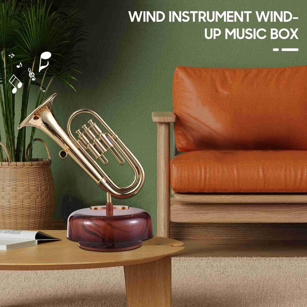 Trumpet Music Box Classical Wind Up Musicbox Twirling Music Box Rotating Base Brass Wind Instrument Miniature Replica