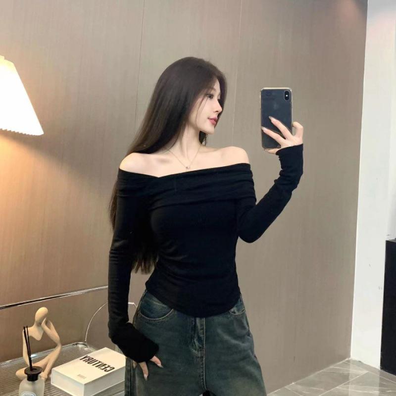 2024 Spring Korean Shoulder-Slit Slim Long-Sleeve T-Shirt for Women