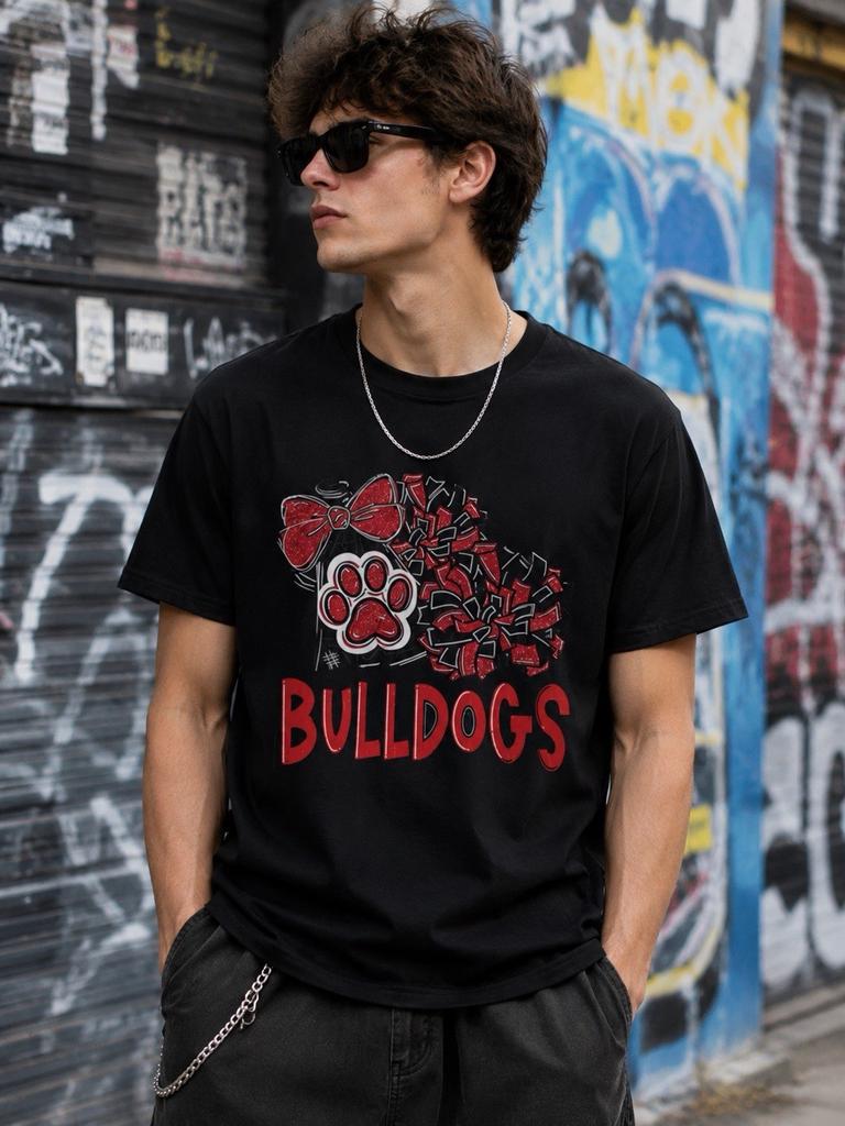 Bulldogs Cheer Shirt Paw Bow Pom Graphic T-Shirt School Spirit Tee