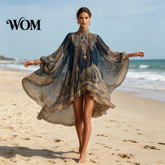 Lantern Sleeve Dress Boho Floral Print High Neck Irregular Chiffon Mini for Women, Puff Long Flowy Party Cocktail Dress, Summer Beach Vacation