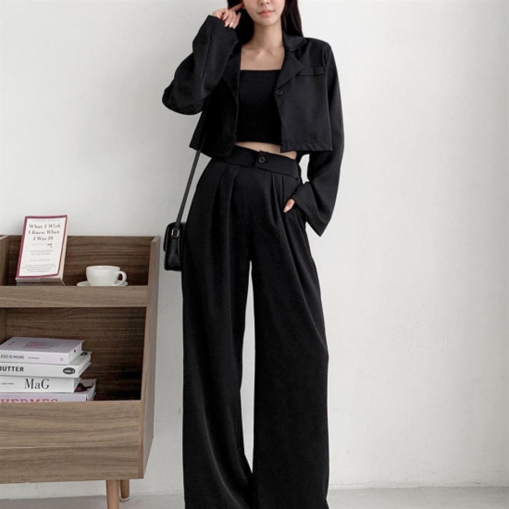 New Arrivals Open Run Women Pintuck Maxi Wide Fit Black Crop Jacket Two Piece