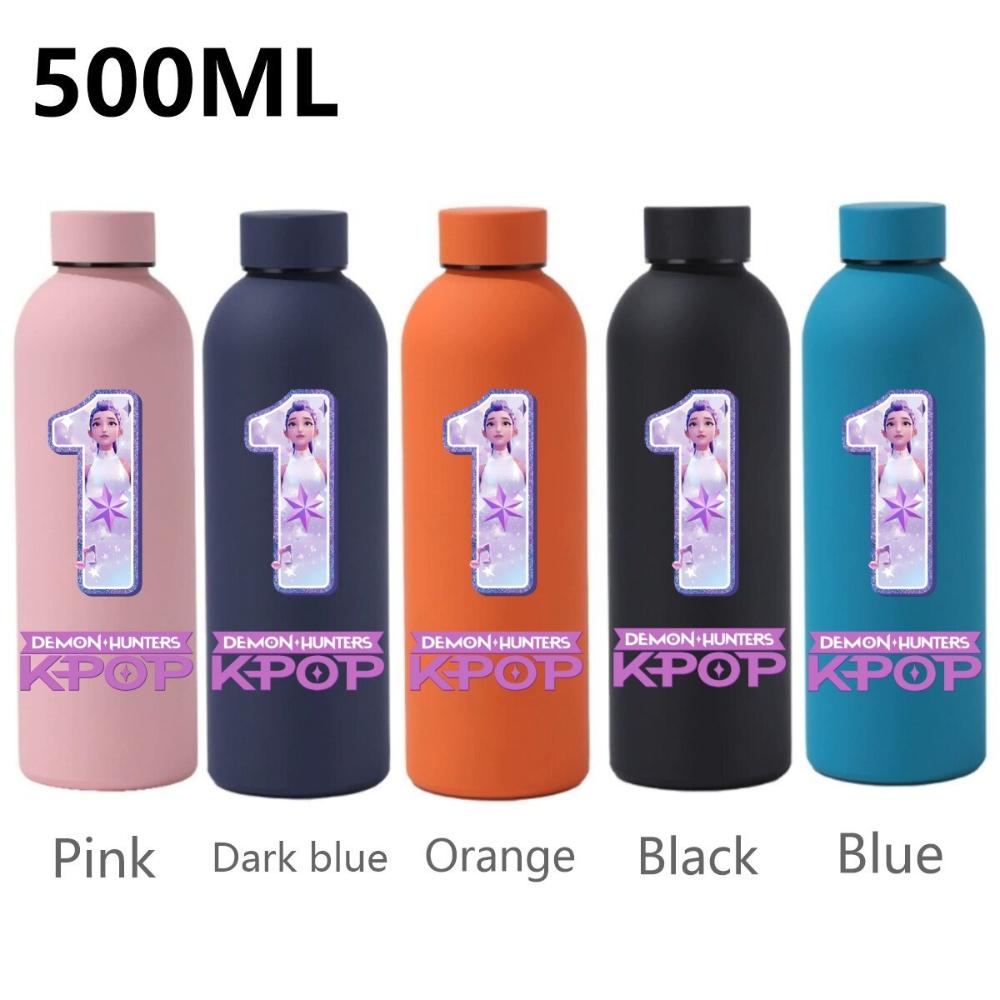 500ML KPop Demon Hunters Sport Leak Proof Stainless Steel Insulated Mug Water Cup Letter Number Cartoon Print Birthday Gifts