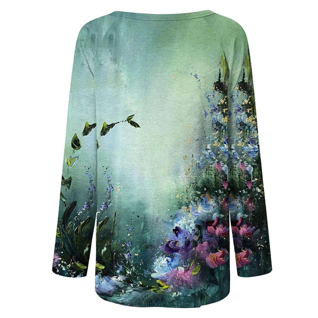 Women's Fashion Casual T-shirt Gradient Long Sleeve Round Neck Medium Long Top