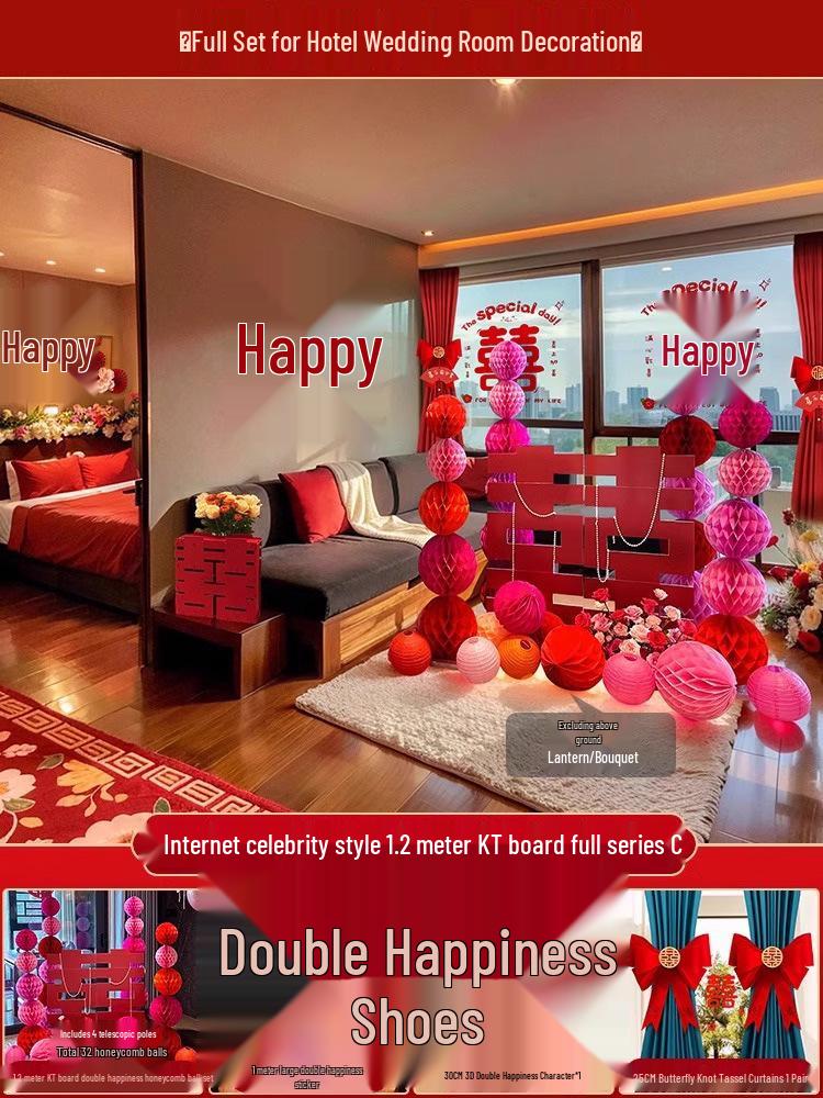 Bridal Wedding Room Decoration Set with No-Trace Double Happiness for Hotels and Living Rooms