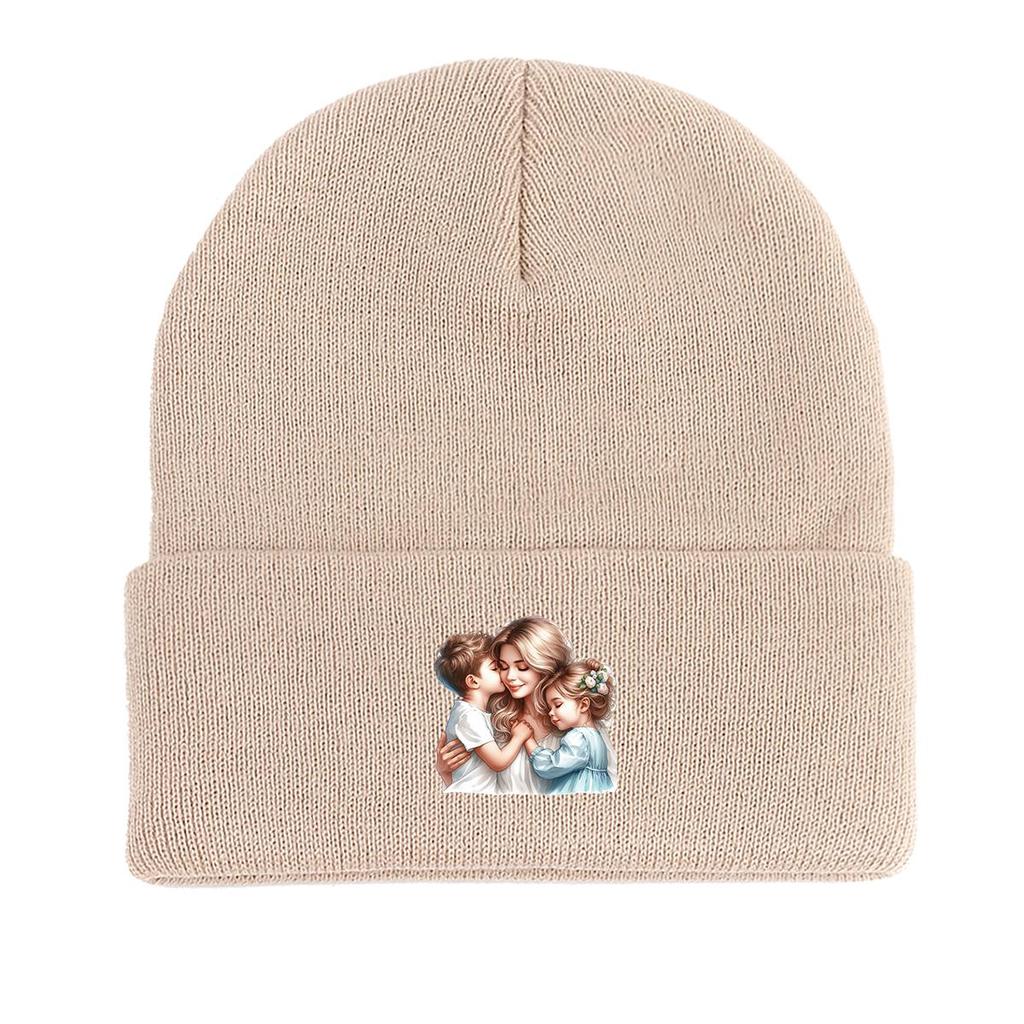 Mother Family Print Knit Hat Beanie, Man Cap Winter Fit Headwear Headwear Knitted Cap Beanie