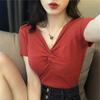 Модная ретро свободная тонкая сетчатая красная однотонная футболка с V-образным вырезом и короткими рукавами, с перекрестным узлом, тонкий срез, свитер, трикотажные топы, женские летние