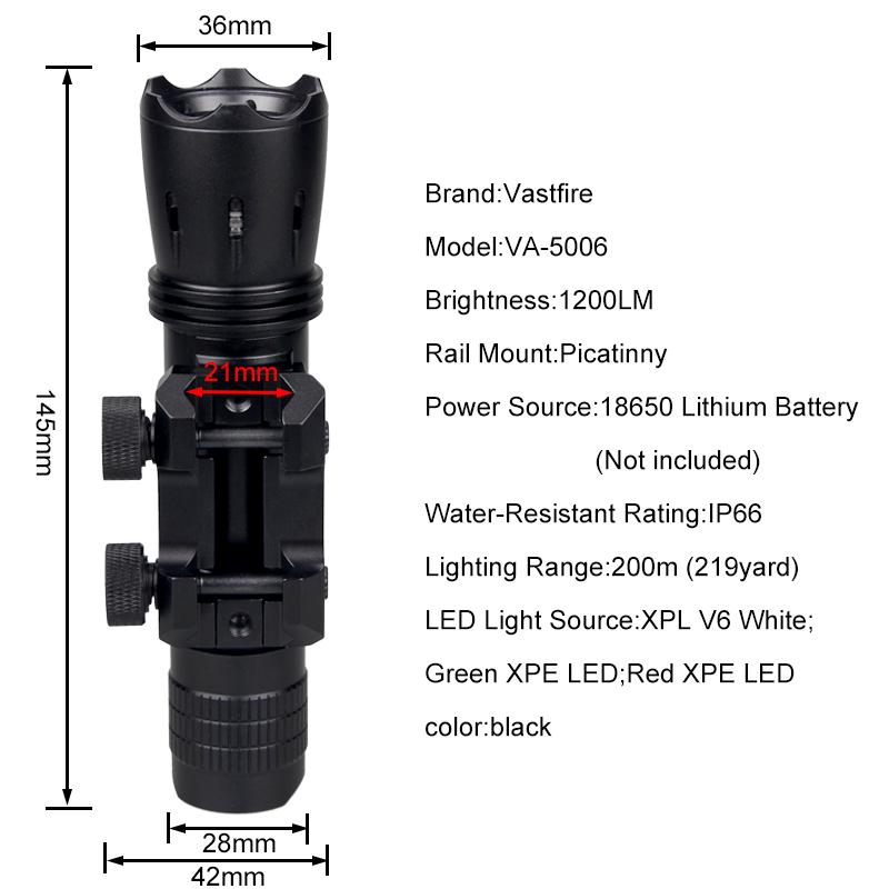 VA5006 Свет для охотничьего оружия 1200 лм Тактический фонарик для страйкбола на рейке + переключатель + 18650 + зарядное устройство
