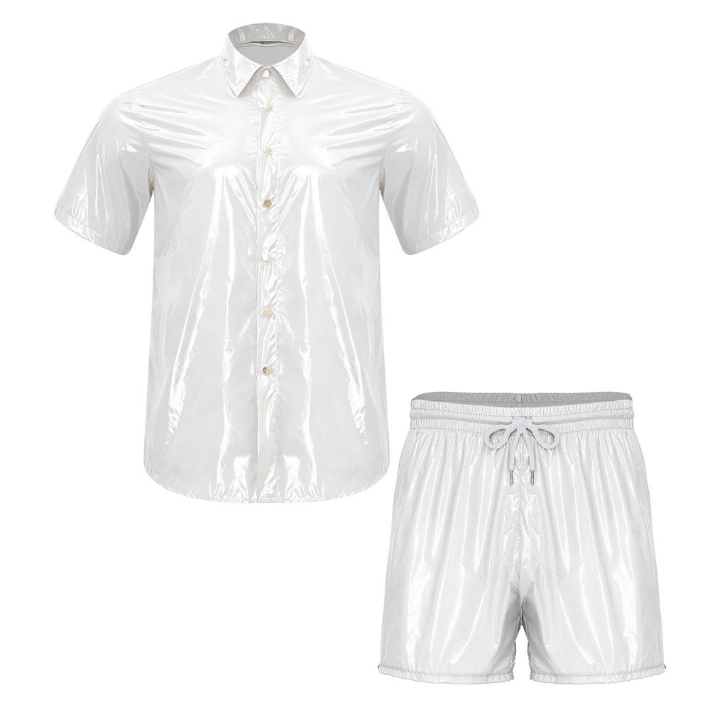 S-3XL Men Waterproof Gym Suit Short Sleeve Lapel T-Shirt Front Button and Elastic Waist Built-in Boxer Briefs for Swimming Wrestling Training