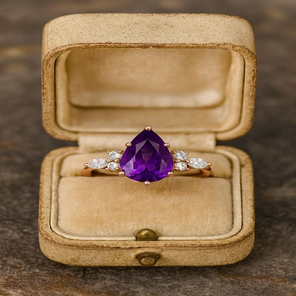 Pear Cut Amethyst Engagement Ring Rose Gold Plated | Purple Amethyst Cluster Ring | Vintage Marquise Moissanite | Dainty Promise Ring