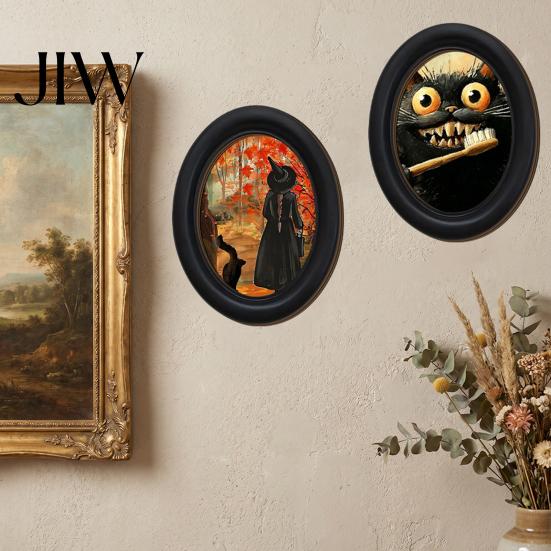 Vintage Style Halloween Decoration Ghost Wall Decor, Cute Table Sign, Oval Framed Black Art Picture, Decorative for Mantel Living Room Bedroom