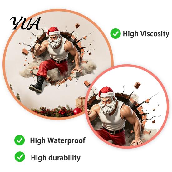 Holiday Window Clings Muscle Santa Claus Break Through Wall Christmas Decal, 3D Cracked Brick Winter Wonderland Stickers Self?Adhesive Sticker,
