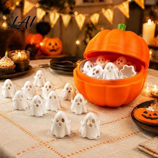 Pumpkin Storage Box Halloween with 20 Mini Ghosts for Candy & 3D Printed Treat Container Lid Trick or Treat Holiday Party Spooky Ghost Decorations
