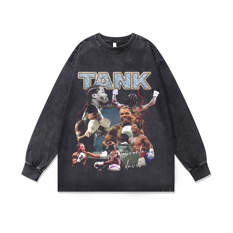 Хип-хоп Рэп Портрет Принт Винтажная Стирка Длинный Рукав Футболка Осень и Зима Свободная Хлопок Круглый Вырез Базовая Футболка Для Мужчин