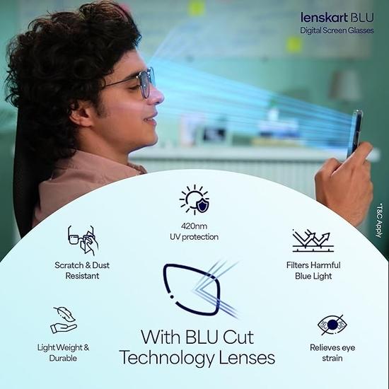 LENSKART BLU | Zero Power Cut Computer Glasses | Anti Glare& Blocks Harmful Rays | UV Protection Specs | Full Rim Round | Unisex| Large | LB E16226
