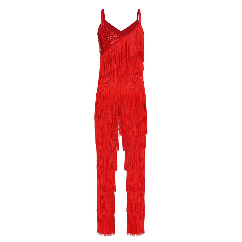 S-XXL Women‘s Latin Dance Fringe Jumpsuit Sparkly Sequin Tassel Layered Cami Romper Long Pants Bodysuit for Cha-Cha Tango Salsa