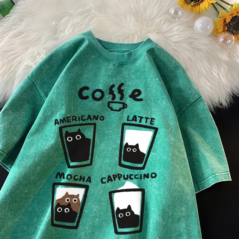 Vintage Washed Black Cat Coffee Print T-shirt Casual Loose Short Sleeve Streetwear Aesthetic Unisex Tops