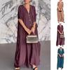 Women Maxi Dress V-Neck Buttoned Placket Batwing Sleeves Shirt Dress Solid Color