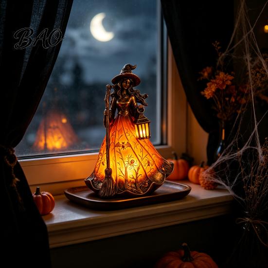 Vintage Style Table Decoration Halloween Witch Tabletop Lamp, Gothic Night Light with Broom & Lantern, Lamp USB Powered Spooky Ambient for Mantel