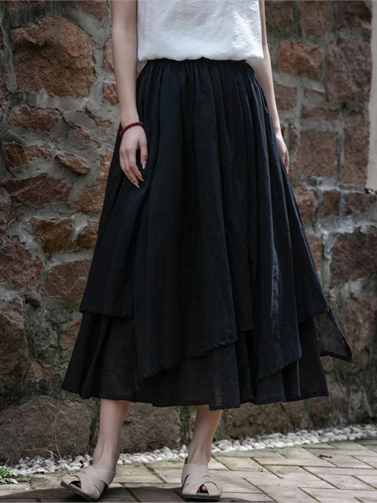 Johnature Женские винтажные нерегулярные юбки с эластичной резинкой на талии, летняя повседневная женская одежда, двойные хлопковые льняные юбки