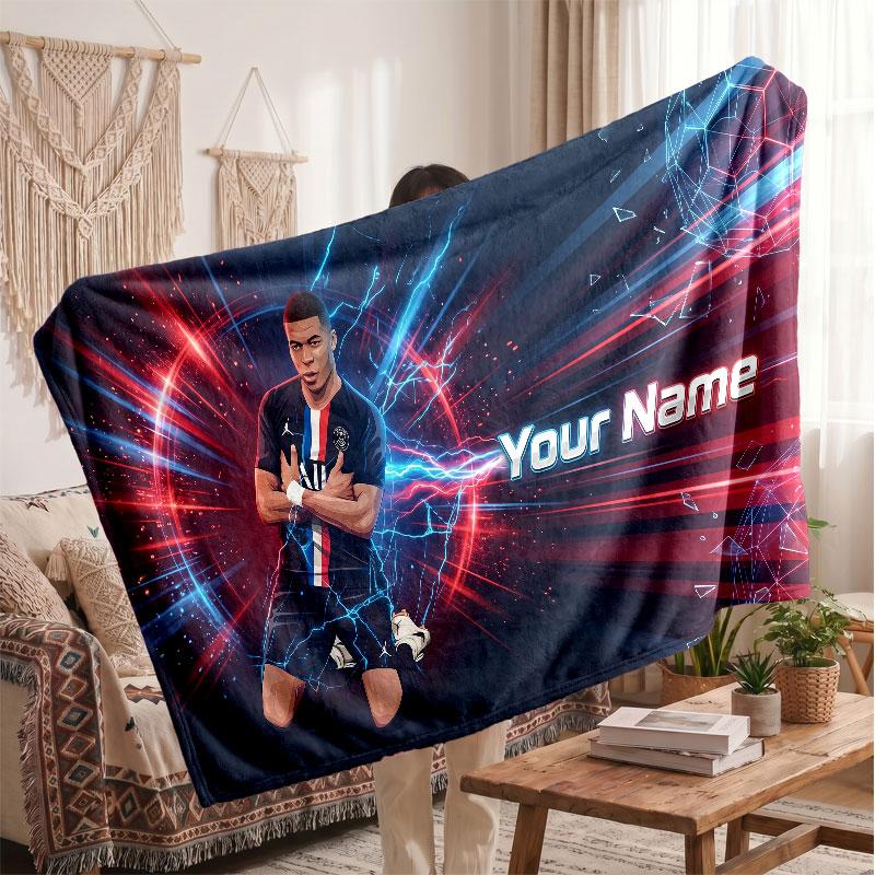 Kylian Mbappe Personalized Fleece Blanket With Football Logo, Custom Name Text Soft Warm Home Throw Blanket