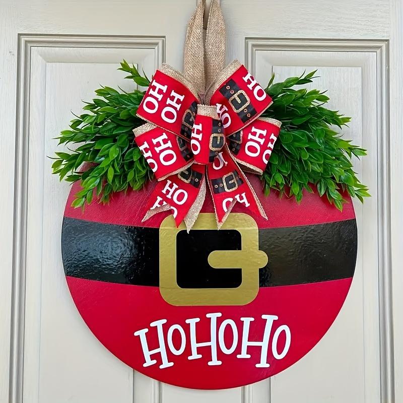 1pc Festive Christmas Wooden Door Sign with Red  Checkered Pattern - Artificial Greenery and Ribbon Accents-  Christmas