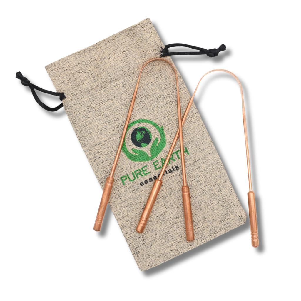 PURE EARTH essentials Медная скребок для языка для взрослых - Уход за полостью рта Натуральный очиститель языка - Медный скребок для языка Аюрведа с чехлом (2шт.упаковка) медь