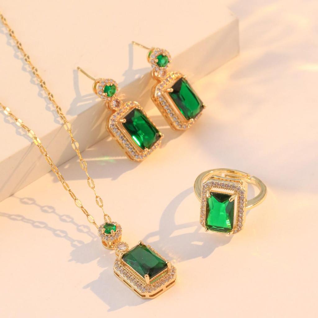 Женский комплект ожерелья и серег в японском и корейском стиле с цирконом и изумрудом, не выцветающая титановая сталь.
