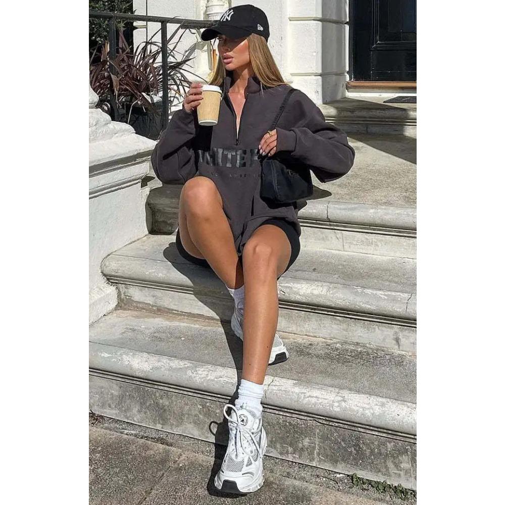 Осень и зима Новая повседневная толстовка с капюшоном с коротким воротником и застежкой-молнией с длинными рукавами и принтом