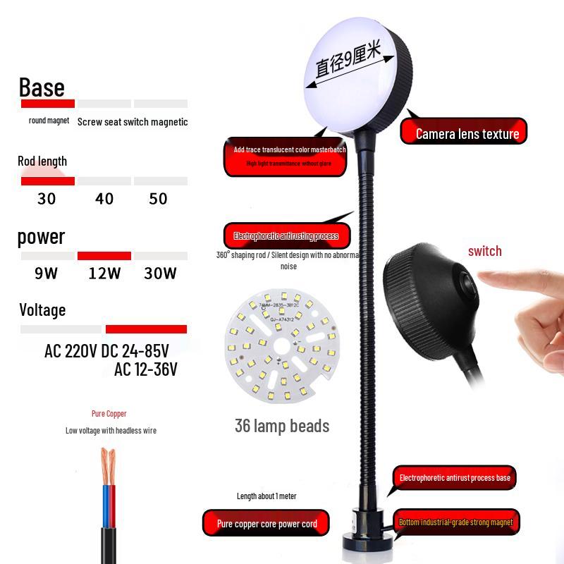220V LED Work Light with Magnetic Base for Lathe, Punch Press, Injection Molding, and 24V Equipment