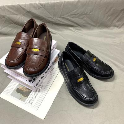 Найди второй волосок! Модные универсальные новые туфли-лоферы на толстой платформе с круглым носком, в стиле ретро, полированные, с маленькой золотой монетой, маленькие кожаные туфли