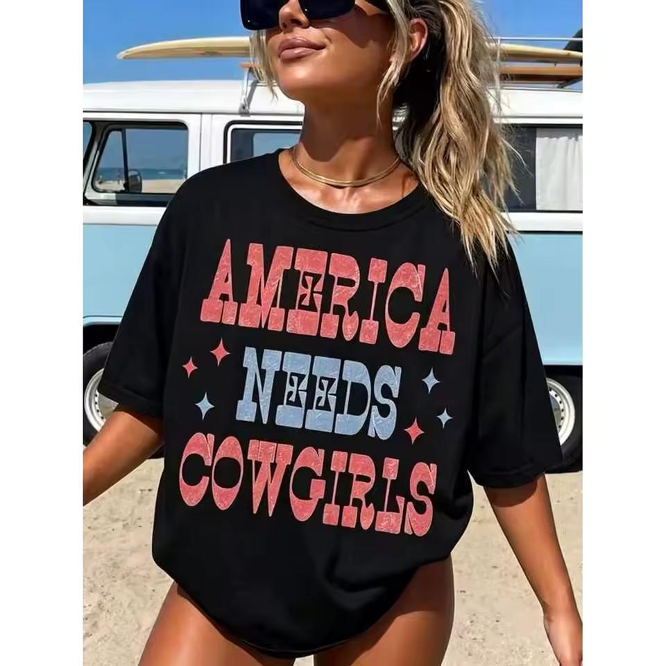 Retro America Needs Cowgirls Shirt Western 4Th Of July Tshirt Oversized Fourth Of July Tee Country Patriotic Shirt,Crew Neck Short Sleeve 100% Cotton