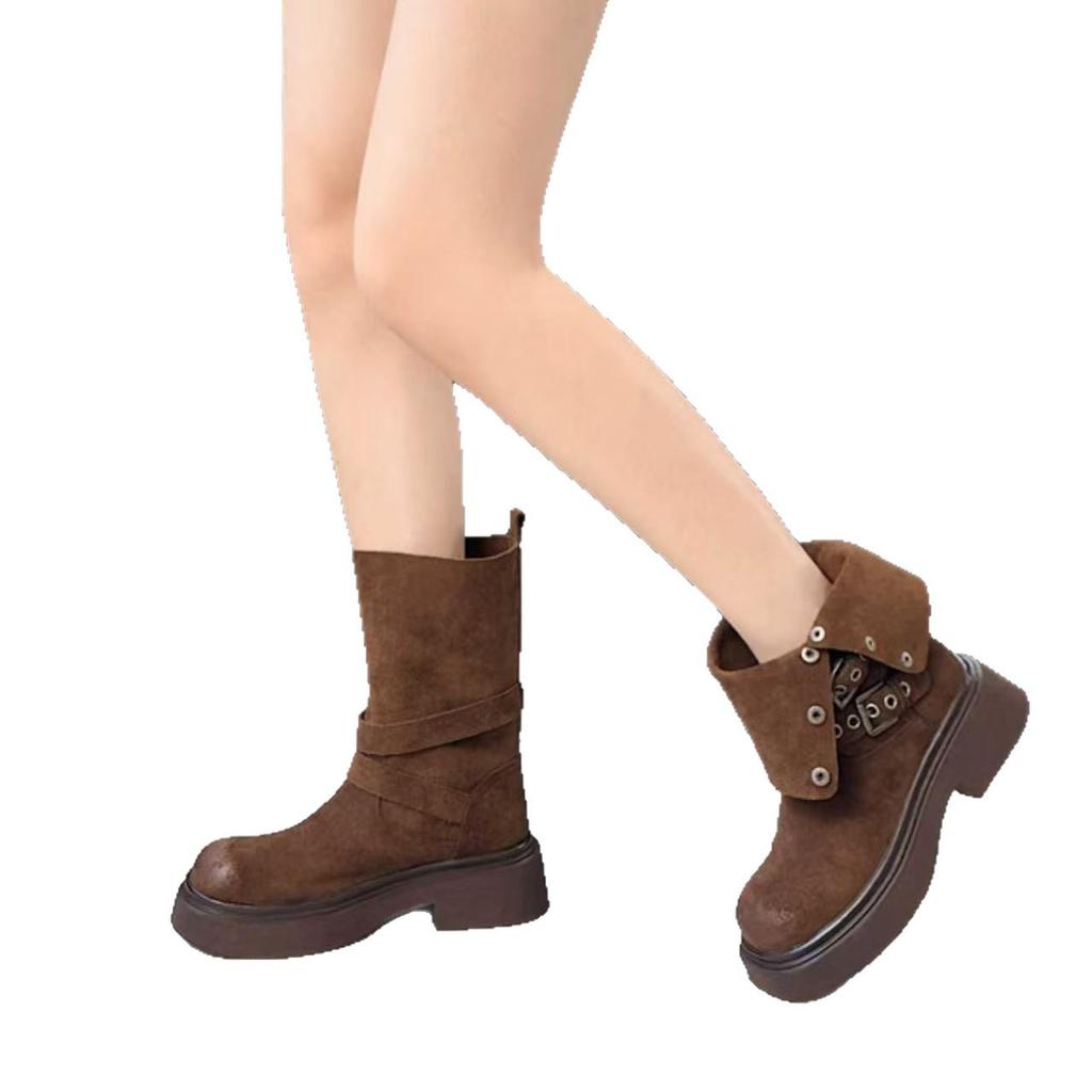 Vintage Western Cowboy Boots Wasteland Wind Grey Straight Thick Heel Fashion Boots Medium High Martin Boots Women