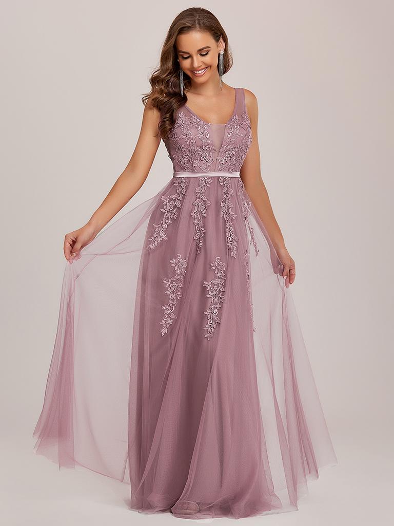Элегантные женские вечерние платья Ever-Pretty из струящегося тюля с прозрачными аппликациями и V-образным вырезом без рукавов