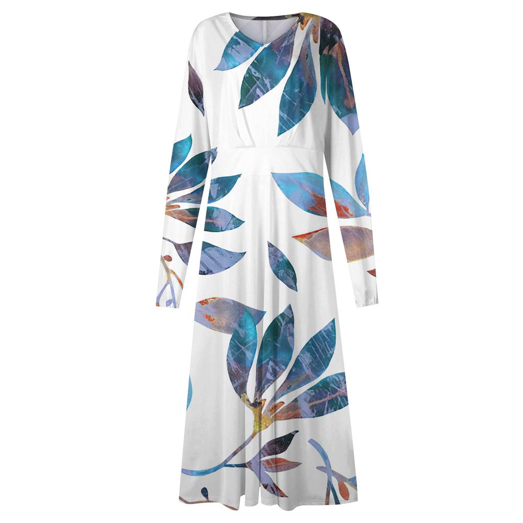 Женское осенне-зимнее повседневное модное длинное платье с v-образным вырезом и длинным рукавом с принтом дефолиации
