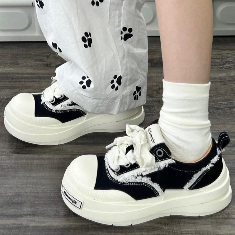 Bandage Canvas Shoes Black and White Couple's Big Head Shoes Guochao Platform Soles Men's and Women's Trend Versatile Heightening Board Shoes Tide