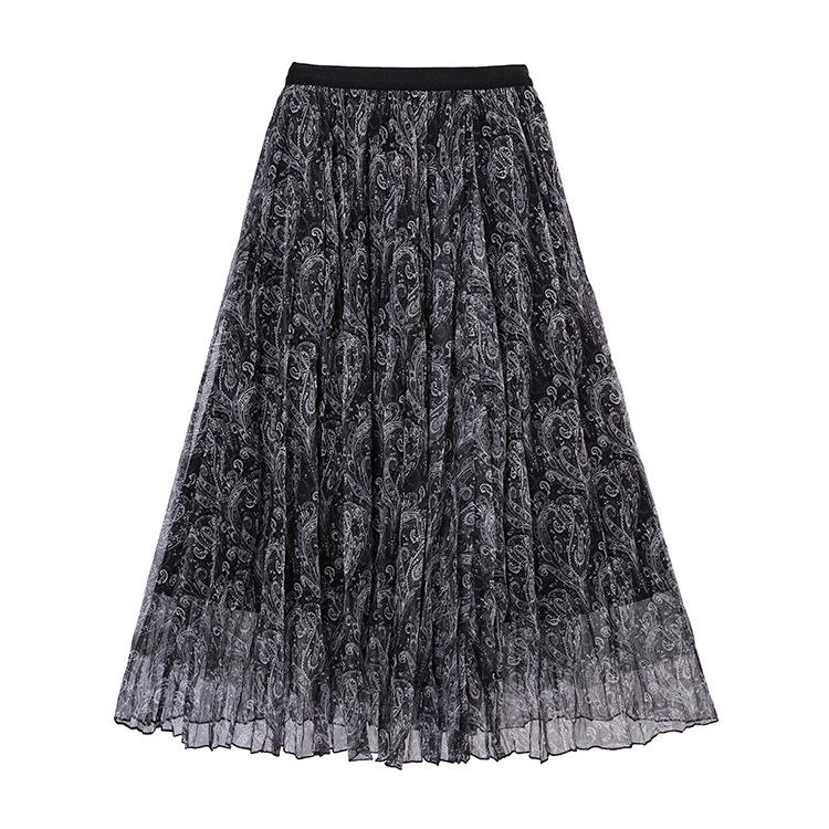 Fei Yuan Elegant High Waist Retro Paisley Mesh Midi Skirt for Women - Early Spring Collection