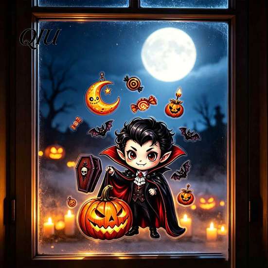 Decorative Vampire Clings Halloween Static Window Clings, Pumpkin Ghost Mummy Cartoon Decals, Spooky Glass Adhesives Self-Adhesive for Door