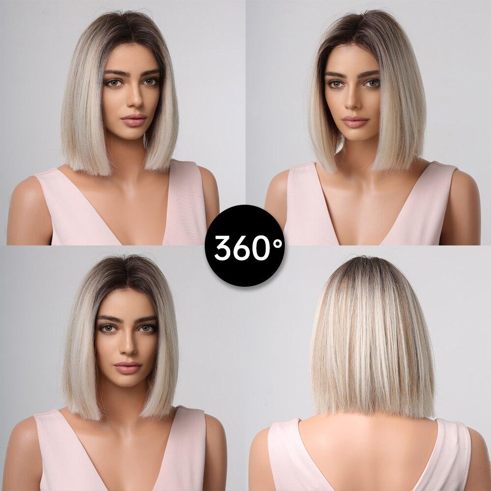 Cosplay Ombre Brown Platinum Blonde Wig Synthetic Straight Short Bob Hair Wigs for Women Natural Heat Resistant Party Daily Use