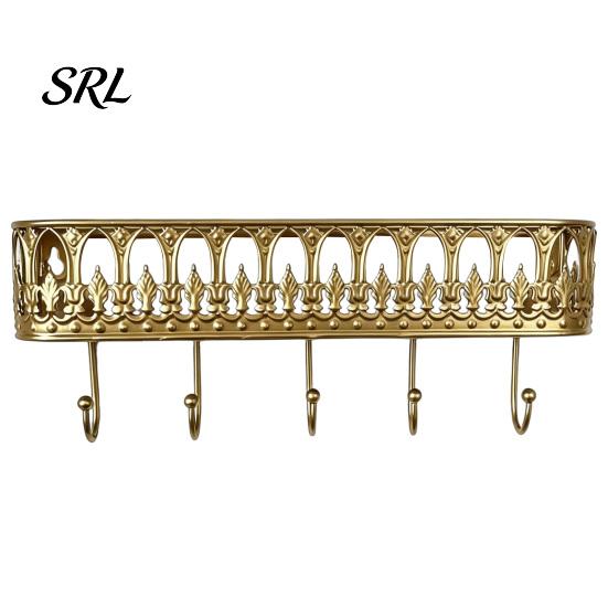 Rustic Metal Plant Stand Wall Mounted Floating Shelves, Shelf with 5 Hooks, Key Holder European Style Iron Mail Organizer, Storage Rack for