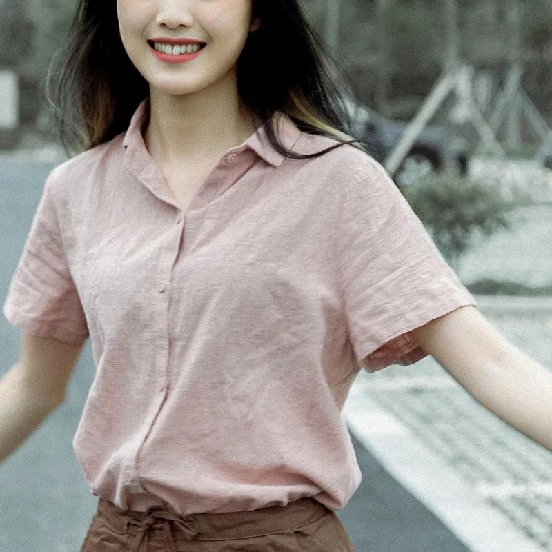 Women Point Collar Full Button Short Sleeve Solid Linen Casual Blouse