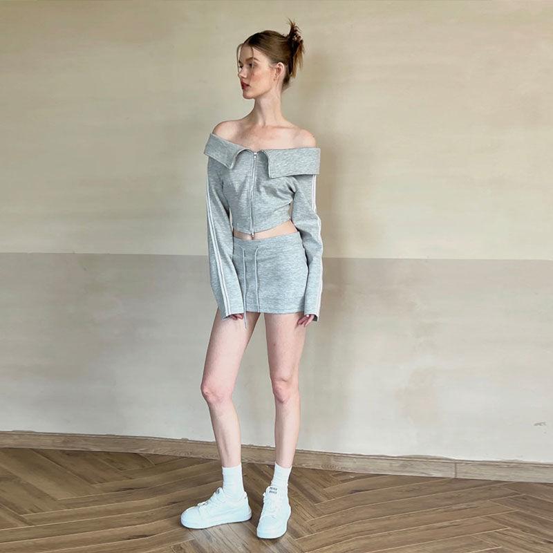 Сексуальная короткая толстовка на молнии в американском стиле ретро, ​​женская винтажная уличная одежда, модный тонкий свитшот на одно плечо, новинка осени