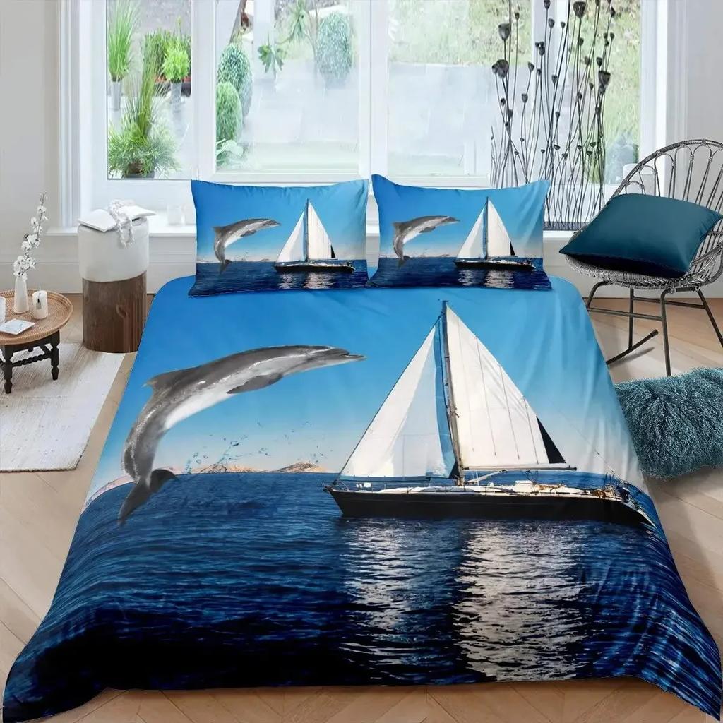 3D Dolphin In Blue Sea Queen King Size Bedding Sets Animal Single Quilt Duvet Cover Set Boys Adult Bed Polyester Bedclothes