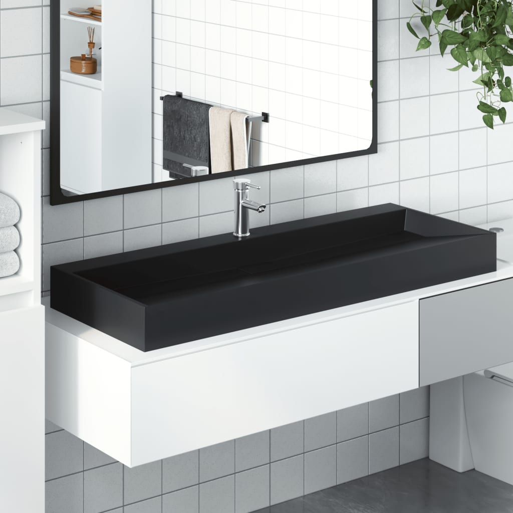 Wash Basin 120 x 46 x 11 cm Mineral Cast Marble Cast Matte Black