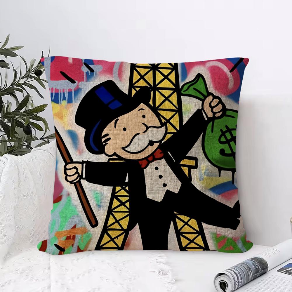 Cute MMonopoly Cushion Cover Eco Linen Pillow Case DoubleSided Print Breathable Durable Hidden Zipper Home Decor Gift