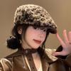 Pu Leather Brim Leopard Print Berets Keep Warm Women Newsboy Caps Retro Lamb Wool Berets Hat Girl