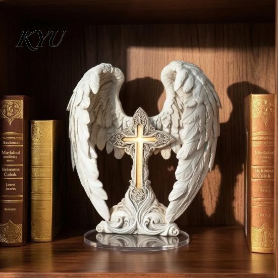 Decorative Cross for Desk Angel Wings Table Sign, Acrylic Religious Wing Statue, Large Elegant Desktop Ornament Tabletop Ornaments Home Living