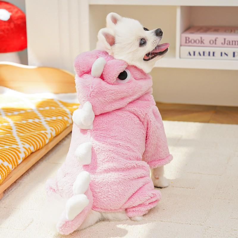 Pet Dinosaur Costume Warm Fleece Dog Cat Outfit Winter Four Legged Hooded Jumpsuit Small Medium Large Dogs Cats