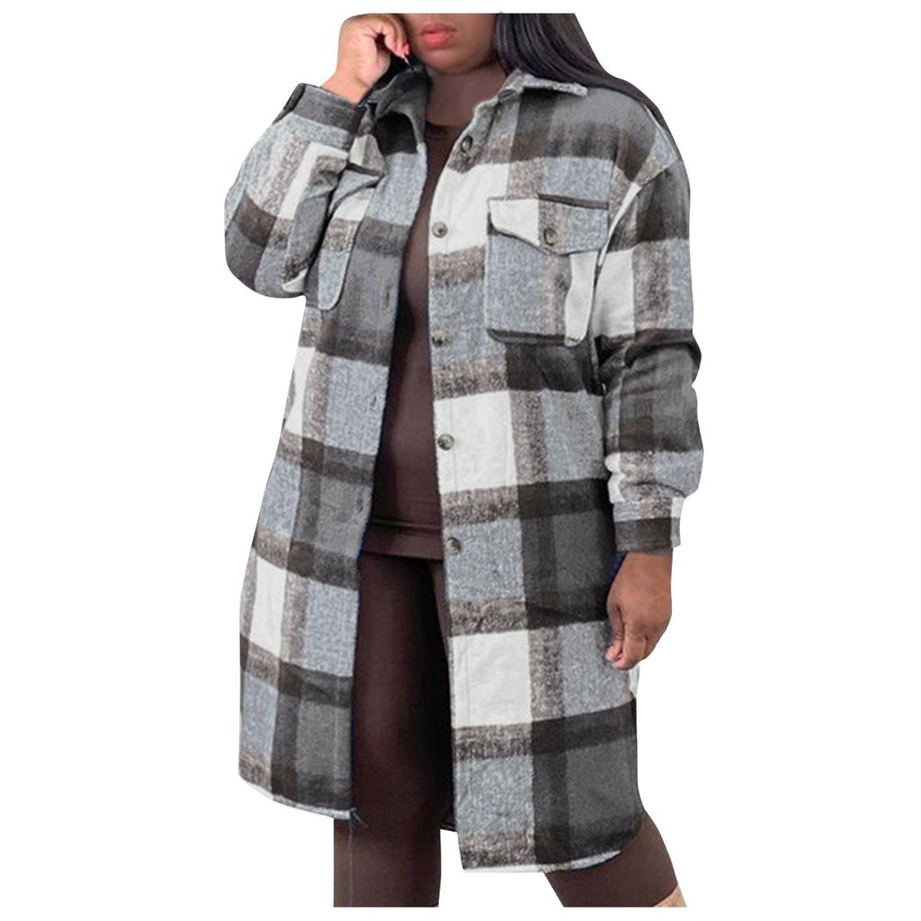 Женская мода клетчатая рубашка с лацканами клетчатое твидовое пальто с длинным рукавом