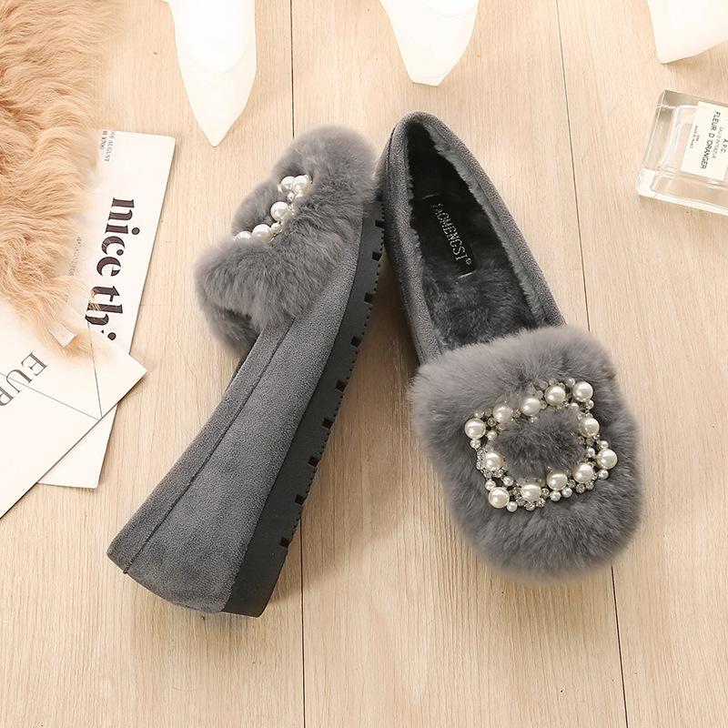 Туфли с пряжкой Crystal&Pearl женские балетки из меха кролика зимние мокасины большого размера женские мокасины с мехом босиком