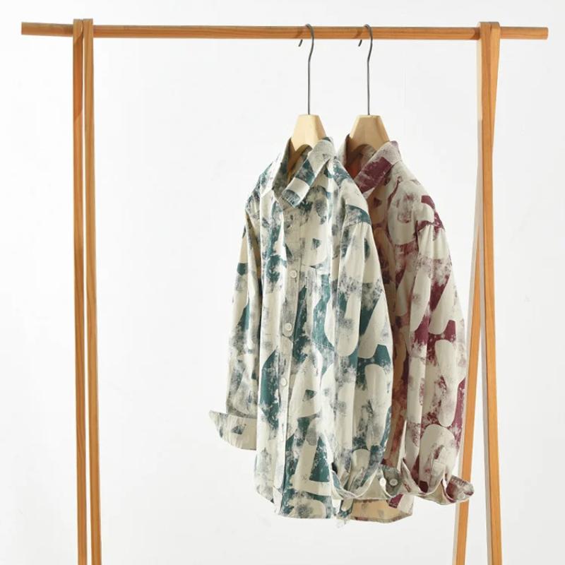 Весенние рубашки с принтом для мужчин, уличная одежда для мальчиков, свободные повседневные топы с длинными рукавами, лацканы, 100% хлопок, мужская одежда